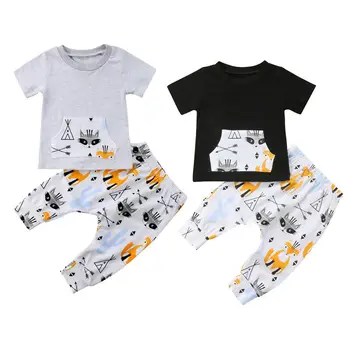 

Newborn Kids Baby Boy Girl 2pcs Clothes Cartoon Cute Fox T-shirt Tops Long Pants Outfit Set Kangaroo Pocket Summer Cute Set