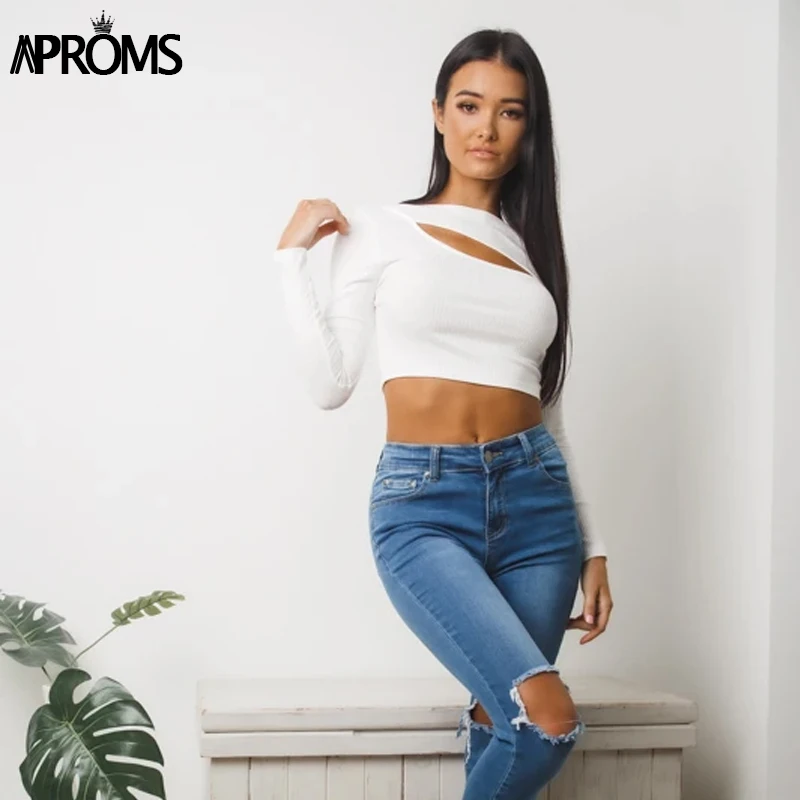 Aproms Elegant Autumn Ribbed Knitted Long Sleeve T-shirt Women 2020 Sexy Bodycon Crop Top Female Street Fashion Black Tshirt Tee