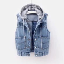 Съемная Кепка с капюшоном женский джинсовый жилет без рукавов женский облегающий женский джинсовые жилеты осень Повседневный женский плащ