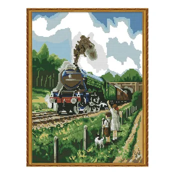 

Running Train Cross Stitch Kits 14CT 11CT Pre-Printed Patterns Embroidery Sets White Fabric Needlework Handmade Craft Home Decor