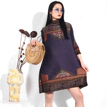 

LANMREM 2020 Spring Summer New Fashion Women's Chinese Style High Collar Print Loose Large Size Pleated Dress High Quality UA088