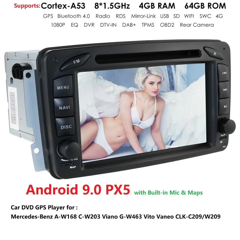 Excellent 2DIN Android 9.0PX5 Octa core 4GRAM+64GROM GPS Navigation for Mercedes-Benz A-W168 C-W203Viano VitoW209Support SWC WIFI 2