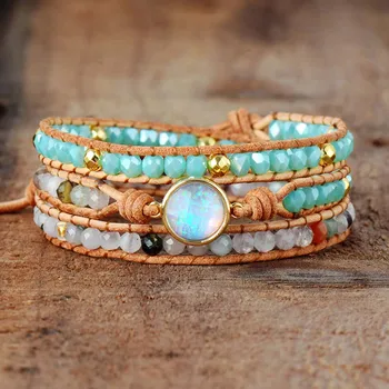 Top Quality Women Bracelets Natural Opal Stone Rhinestone 3 Rows Leather Wrap Bracelet Fancy Femme Boho Bracelets Dropship