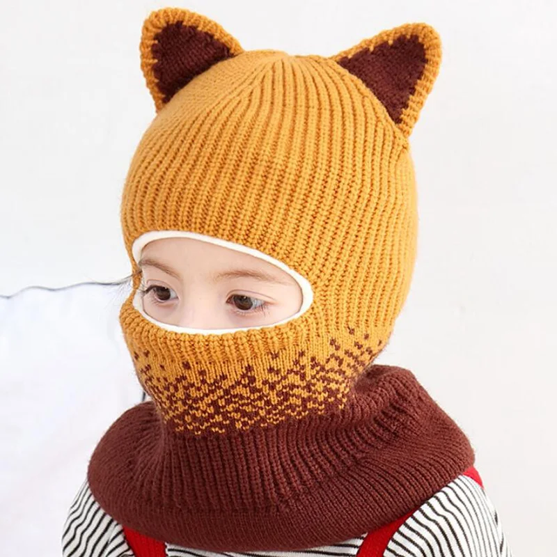 

2019 New Knitted Beanie Hooded Scarf Kid Hat And Scarf Child Winter Warm Short Plush Ear Cap Circulal Scarves Girl Accessories