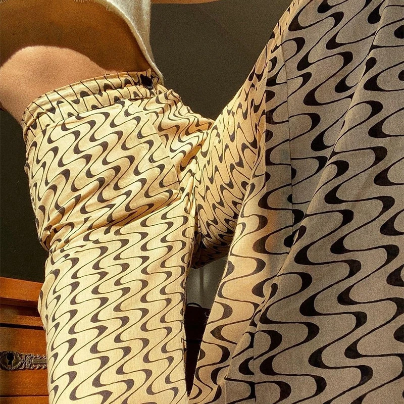 Ladies Casual Boot Pants Adult Color Block Wave Print High Waist Trousers 2021 Summer And Autumn Casual High Street Personality