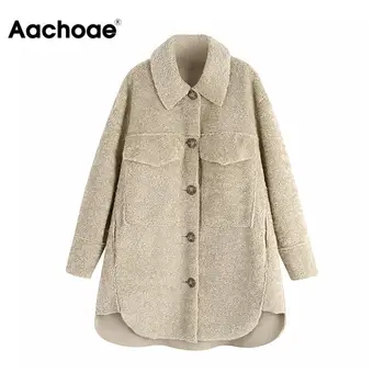 

Stylish Women Long Faux Fur Coat Casual Pocket Warm Teddy Overcoat Turn Down Neck Buttons Ladies Solid Outwear Fleece Jackets