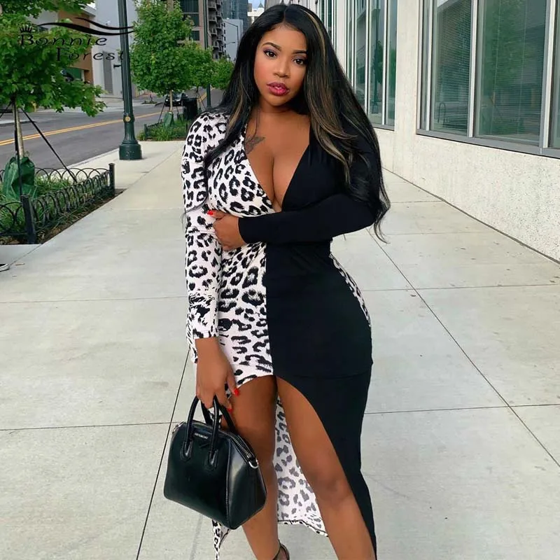 

Bonnie Forest Vintage Half Cheetah Print Maxi Dress Women Sexy Deep V Neck High Slit Party Dress Night Out Maxi Dress Plus Size