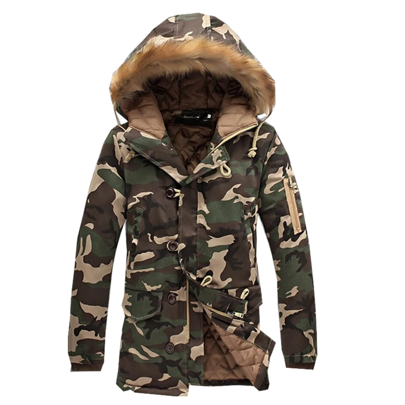 EM045 Army Green Мужская парка, хлопок, толстая зимняя куртка, Мужская Новая теплая Модная флисовая длинная куртка, пальто с меховым воротником, Мужская брендовая парка, одежда - Цвет: EM045 Army Green