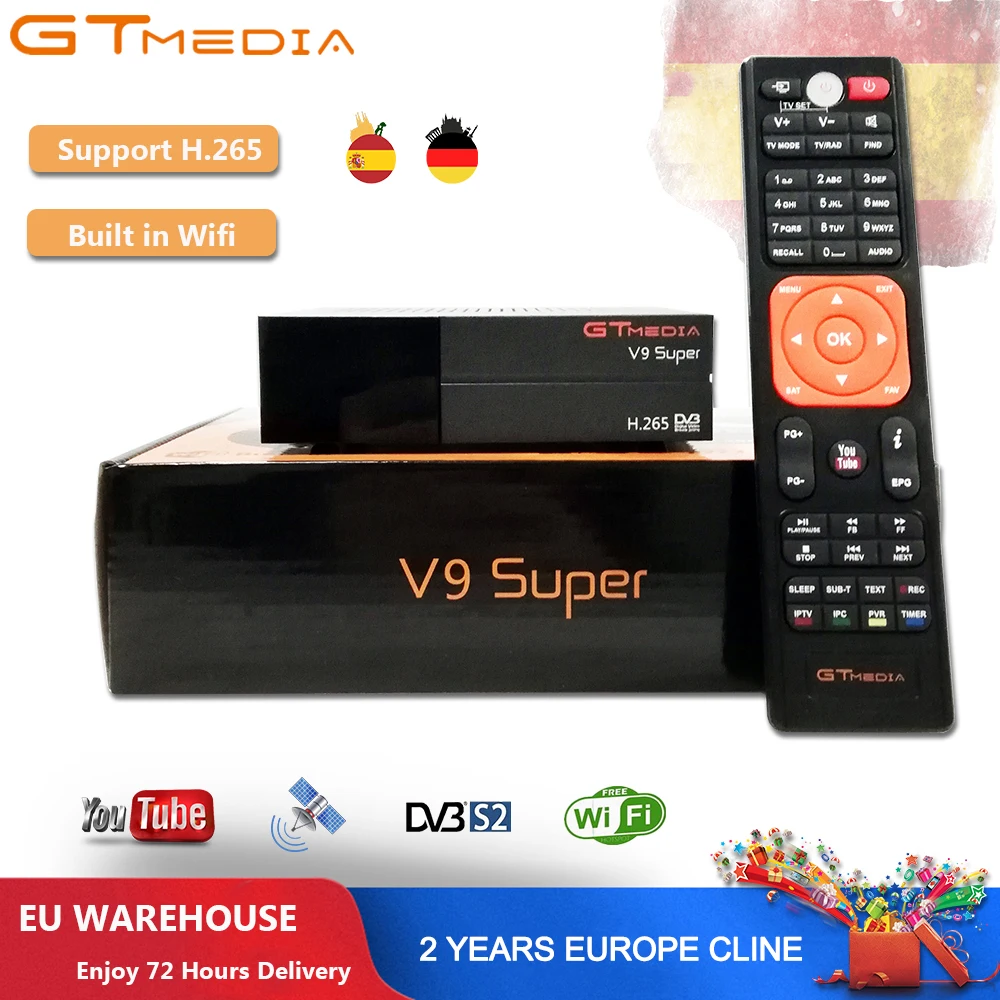 Satelite рецептор Gtmedia V9 супер DVB-S2 Европа Cline для 2 лет Испания H.265 1080P спутниковый ТВ приемник Встроенный Wi-Fi