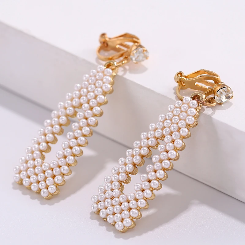 Трендовые элегантные искусственные жемчужные длинные на заколке на сережках без отверстий геометрические полые клипсы для ушей для женщин подарок на свадьбу