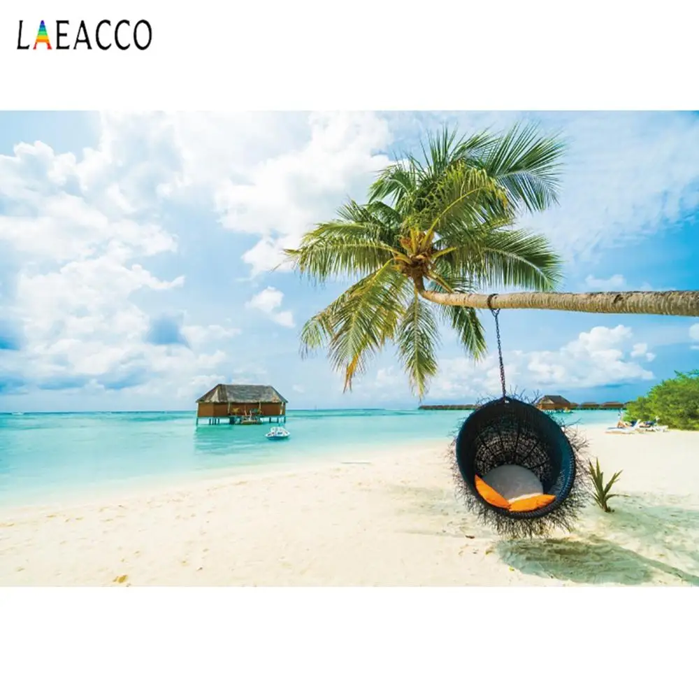

Laeacco Summer Tropical Sea Beach Palms Tree Boat Summer Holiday Scenic Photo Background Photo Backdrop Photocall Photo Studio