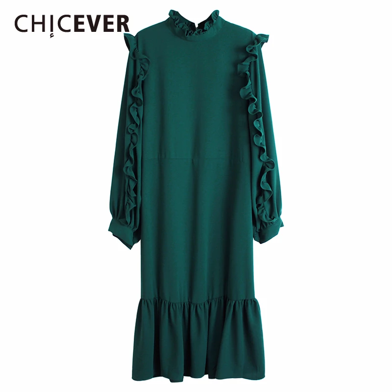 

CHICEVER Ruffle Stand Collar Dress Women Long Sleeve Casual Dresses Female Loose Clothing Fashion 2020 Spring New Big Sizes
