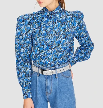 

2019 Autumn New England Style Bow Decoration Floral Print Long Sleeve Shirt Stand Collar Blue Womens Tops and Blouses