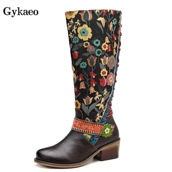 

Gykaeo European and American Style Leisure Genuine Leather Women Boots Girls Retro Knee-high Long Boots Woman Winter Warm Shoes