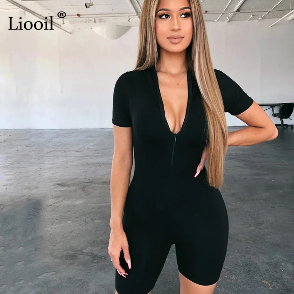 Short Sleeve-Black Liooil, черный, серый, Облегающий комбинезон, женская одежда с обеих сторон, сексуальный комбинезон, осень, на молнии, вечерние, Клубные комбинезоны, комбинезоны, шорты - Цвет: Short Sleeve-Black