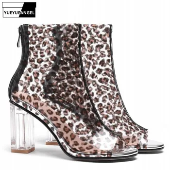 

Summer Transparent Clear Heels Sandals Peep Toe Leopard Shoes Women Sexy Back Zip High Top Sandalias Mujer 2019 Plus Size 43