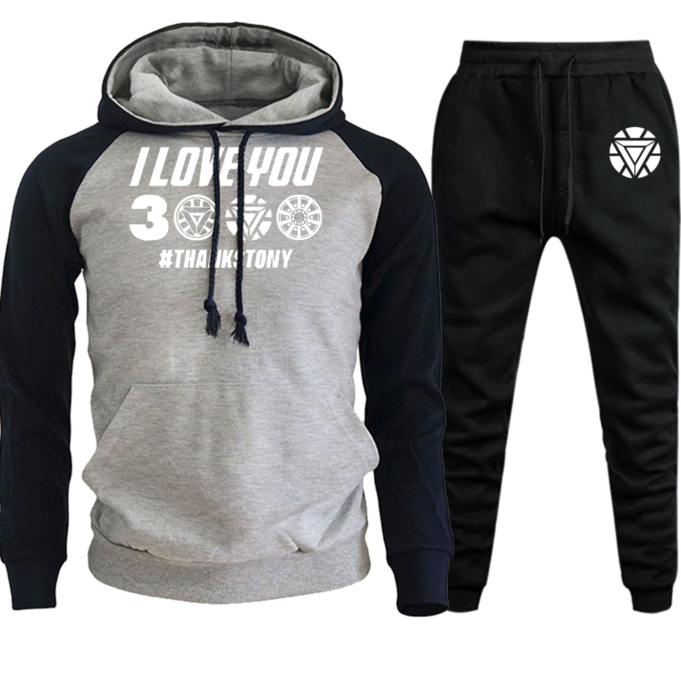 The Avengers 4 Iron Man I Love You 3000 Streetwear Mens Raglan Hooded Autumn Winter Suit Fleece Pullover+Pants 2 Piece Set - Color: dark blue gray5