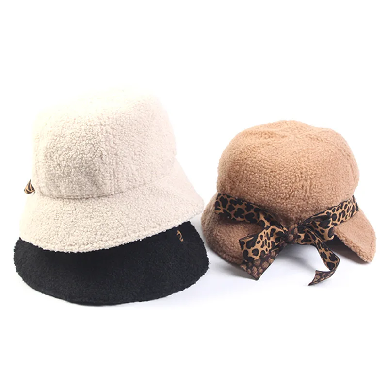 

Hat Women's Autumn And Winter Japanese-style Fashion Leopord Pattern Bow Bucket Hat Korean-style Versatile Warm Berber Fleece Bu