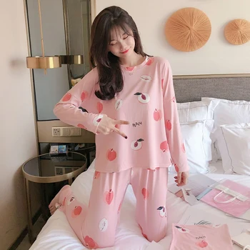 

Women Loose Pineapple Strawberry Fruit Print Long Sleeve Pajamas Set Female Three-piece Suit O Neck Plus Size Sleepwear