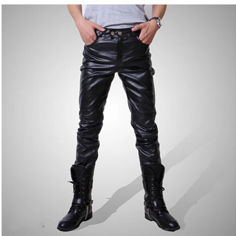 

2019 Men skinny faux leather leisure pants black gold silver pu Pencil pants singers club performance on stage Dancer jeans plus