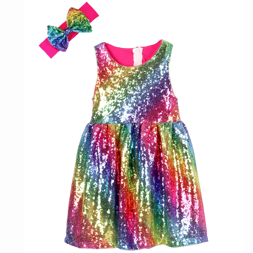 Детское платье с блестками для девочек; серебристое платье без рукавов для малышей; розовое платье для дня рождения, свадьбы, конкурса красоты, Рождества - Цвет: RAINBOW HOT PINK 4