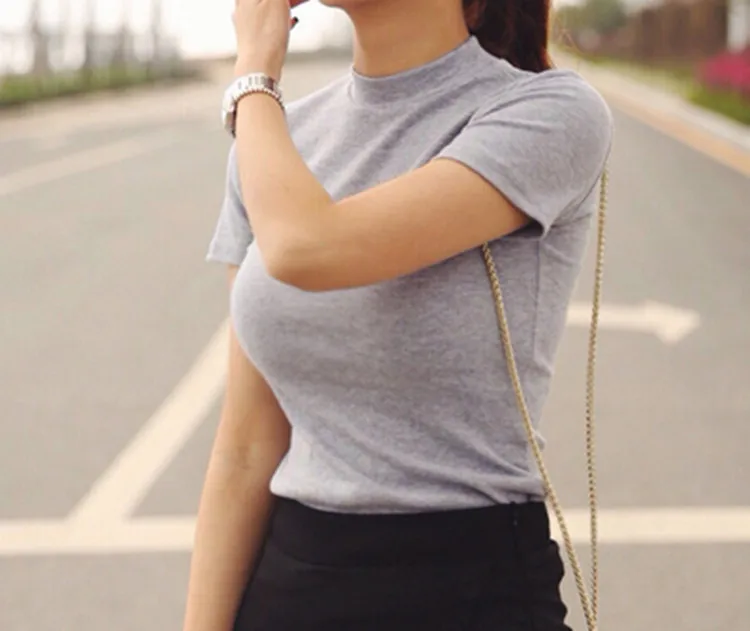 MRMT 2025 Brand New Women's T Shirt Half High Collar Solid Color Short-sleeved T-shirt for Female Tops Tshirt