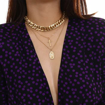 

Punk Multi Layer Cross Virgin Mary Pendant Necklace Hip hop Chunky Cuban Chain Choker Necklace for Women Statement Jewelry