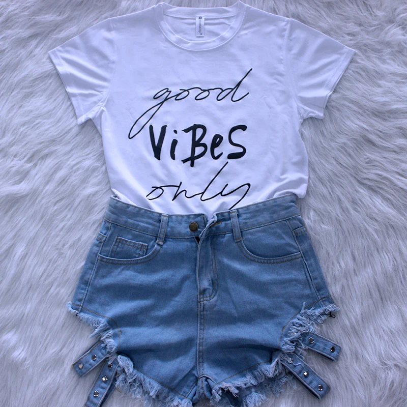 Только Good Vibes футболки Для женщин Лето Тонкий Kawaii Для женщин футболка полиэстер высокое качество женский письмо печати День Независимости футболка