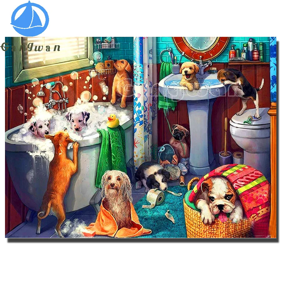 

Алмазная живопись с забавными собаками в ванной комнате, полная квадратная круглая вышивка 5D, алмазная вышивка своими руками, мозаика, декор для милого щенка