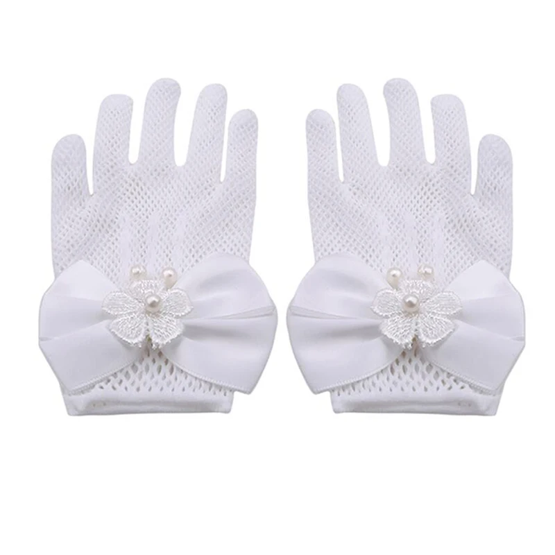 Женские белые элегантные короткие перчатки, полный палец, прозрачная лента, бант, Декор, длина запястья, костюм, вечерние, одноцветные
