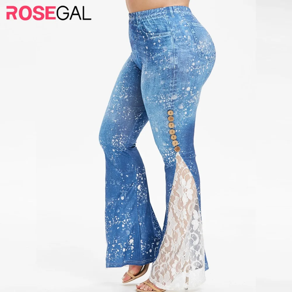 

ROSEGAL Plus Size Leggings Women High Rise Paint Lace Insert Flare 3D Leggings High Waist Flare Pants Casual Sexy Print Leggings