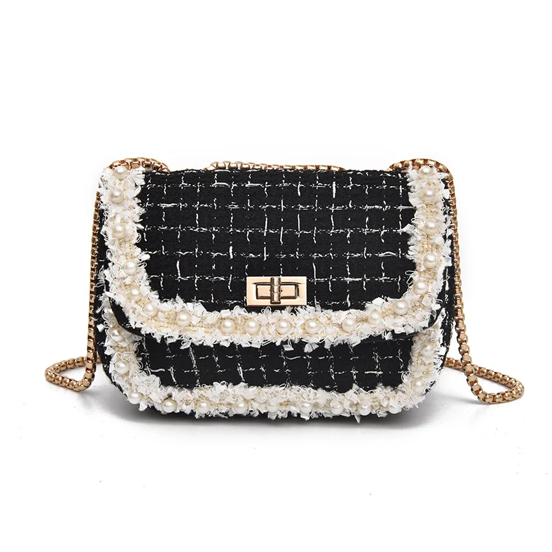 Роскошные брендовые сумки через плечо для женщин зимние твидовые сумки из шерсти маленькие дизайнерские сумки цепи женские сумки-мессенджеры вязаные - Цвет: Pearl black