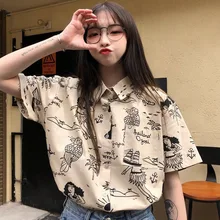 

HOUZHOU Vintage Anime Shirt Girls Summer Short Sleeve Kawaii Harajuku Korean Fashion Blouse Women Oversize Button Up Cardigan