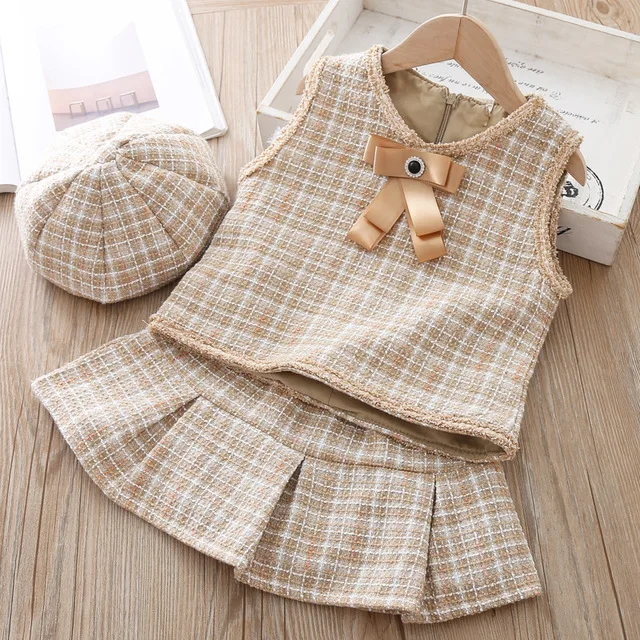 Весенне-осенний комплект одежды для детей, жилет, юбка и Кепка, модная детская одежда из 3 предметов повседневный комплект одежды для малышей