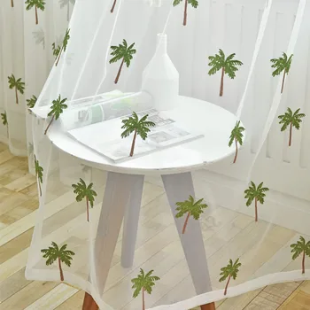 

New Coconut Tree Screen Curtains for Living Dining Room Bedroom Mesh Bottom Yarn Embroidery Yarn Curtains White Tulle Curtains