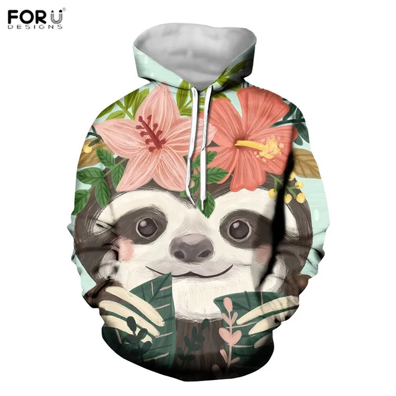 FORUDESIGNS/ женские толстовки с капюшоном с милым животным ленивецом с цветочным узором, свитера, пуловеры с круглым вырезом, Теплые Топы, толстовка - Цвет: HXA20Z72