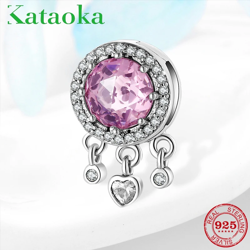 

Luxury 925 Sterling Silver Elegant Pink CZ dangle hearts Crystal Clip Beads Charm Fit Original Reflection Bracelet Fine Jewelry