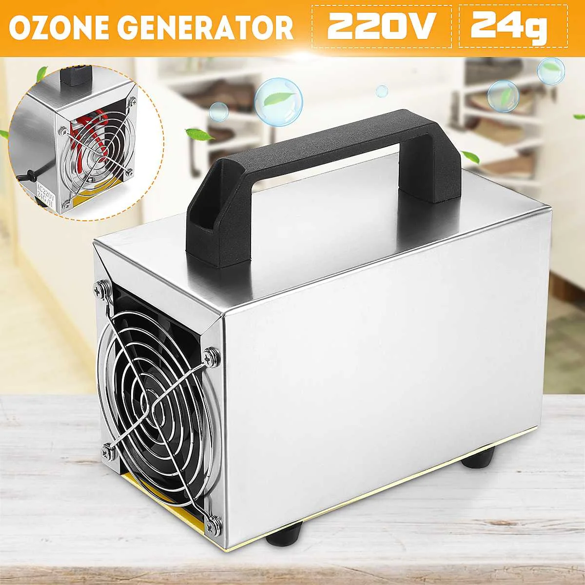 

Ozone Generator 24g/h Ozone Machine AC220V Air Purifier Coated Moisture-proof Ceramic Disinfection Cleaner With 9CM Large Fan