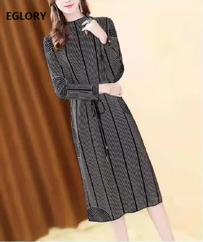 

High Quality Knitted Dress 2019 Autumn Winter Casual Sweater Dress Women Stand Neck Striped Patterns Long Sleeve Dress Vintage