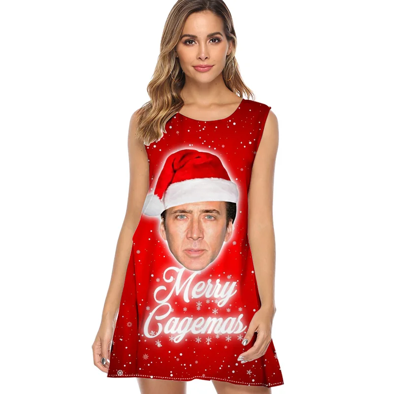 

Women Merry Christmas cute red dress women dress Nicholas Cage print casual summer dress sleeveless O neck mini chiffon dress