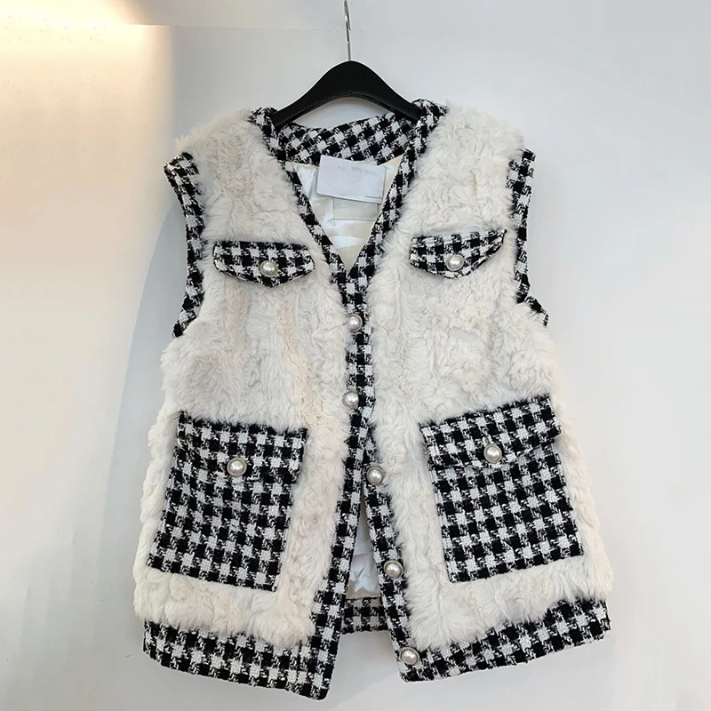 [EWQ] осень зима новые плюшевые толстые трендовые женские пальто корейский сшитый клетчатый Свободный кардиган без рукавов теплый жилет QL61101