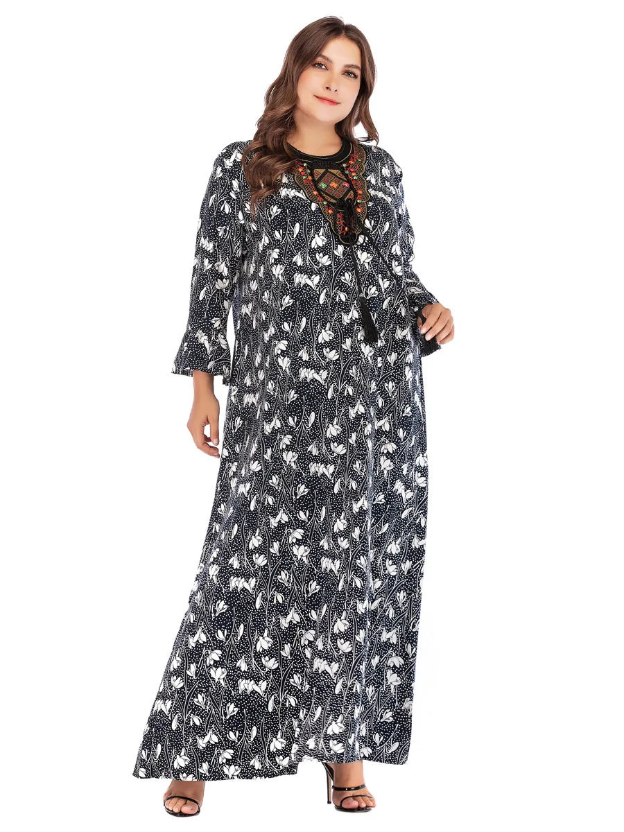 Свободные женские мусульманские платья макси с круглым вырезом и вышивкой, абайя с длинным рукавом, Дубаи, турецкие платья, туника, Исламская одежда