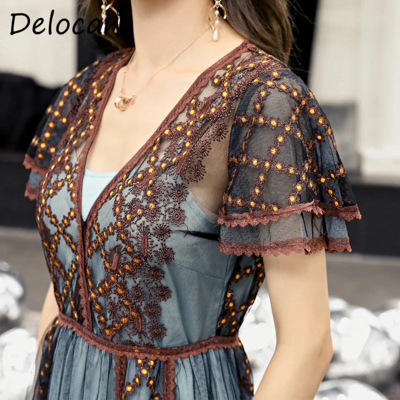 Delocah, новое модное летнее Повседневное платье для подиума, женские сексуальные длинные платья с глубоким v-образным вырезом и вышивкой, с высокой талией