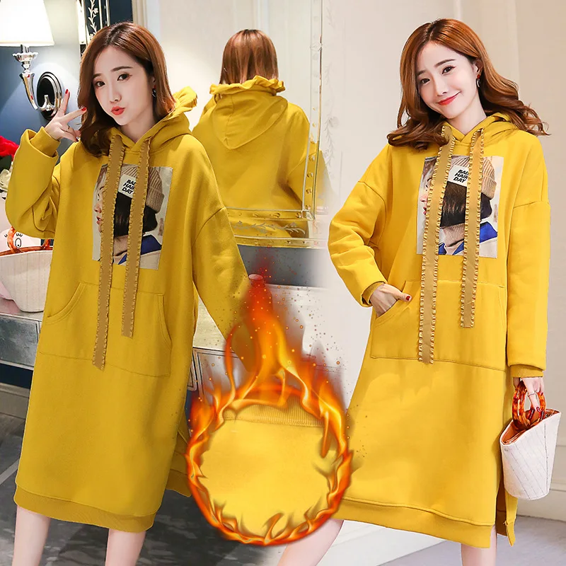 

Photo Shoot 2019 New Style Autumn And Winter Yellow Hoodie Pattern Hooded Brushed And Thick Dress by Age Large Size Dress
