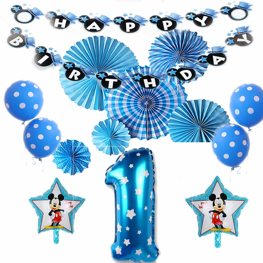 Mickey Mouse Decorations De Fete D Anniversaire Ballons 1st Joyeux Anniversaire Banniere Fournitures Numero Papier Fans Garcon Bebe Douche Bleu Ensemble 2 Aliexpress