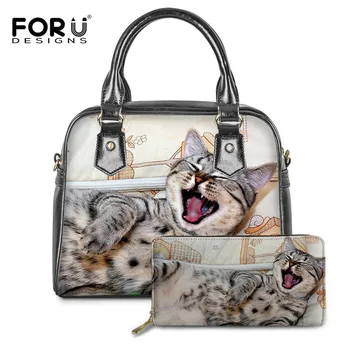 

FORUDESIGNS Cross Body Bags Women Luxury PU Leather 2pcs/set Ladies Tote Shoulder Bag Cute Cat Print Girls Handbags Bolsa Mujer