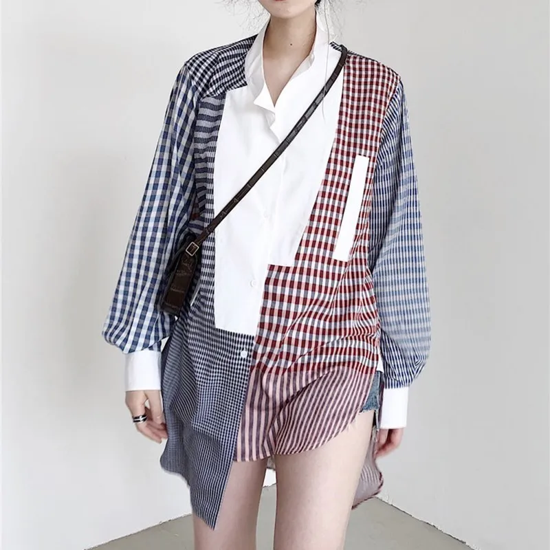 

TVVOVVIN 2019 New Spring Summer Lapel Neck Long Sleeve Plaid Spliced Single Breated Hit Colors Shirt Dress Women Fashion D265