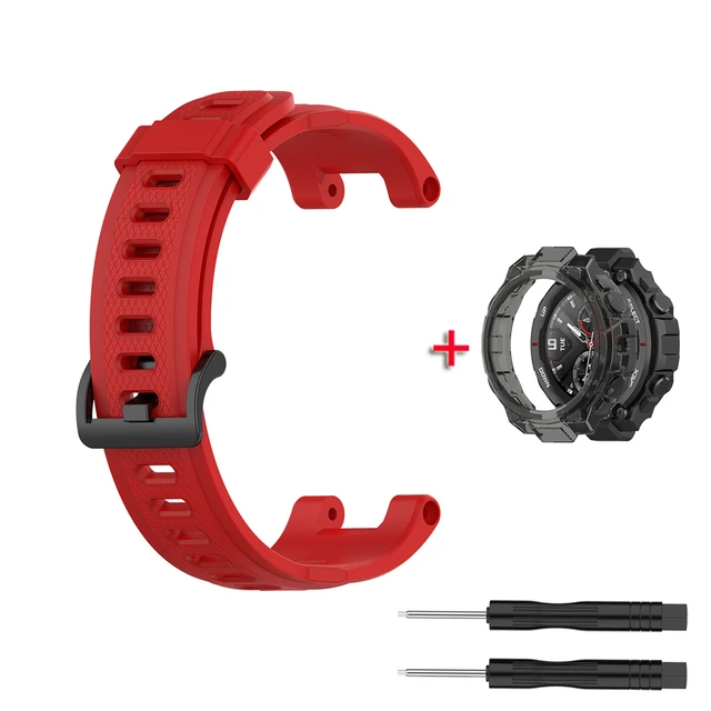 Replacement Strap For Huami Amazfit T rex Strap Silicone Watchband For Amazfit T-Rex/T-Rex Pro Strap With Black Protector Case Red with case