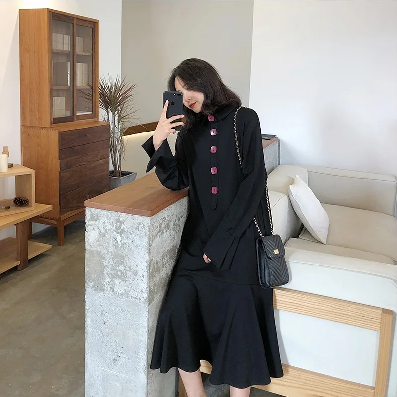 

Black And White with Pattern Dress Women's Mid-length 2019 Spring New Style Korean-style Loose-Fit Flounced over-the-Knee Fishta