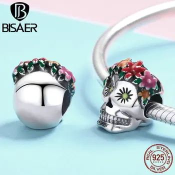 

BISAER Beads 925 Sterling Silver Enamel Flower Skull Mexico Day of the Dead Festival Charms for Original Women Bracelet HSC888